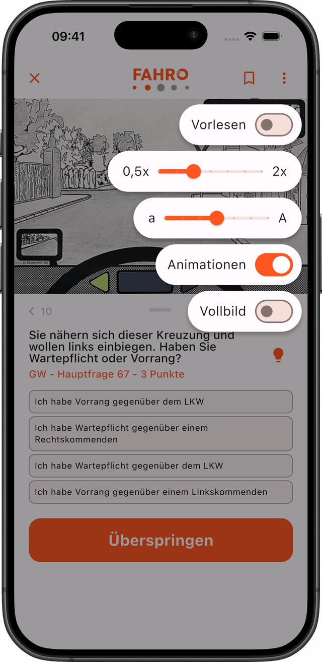Einstellungen: Vorlesen, Tempo, Schriftgröße, Animationen, Vollbild
