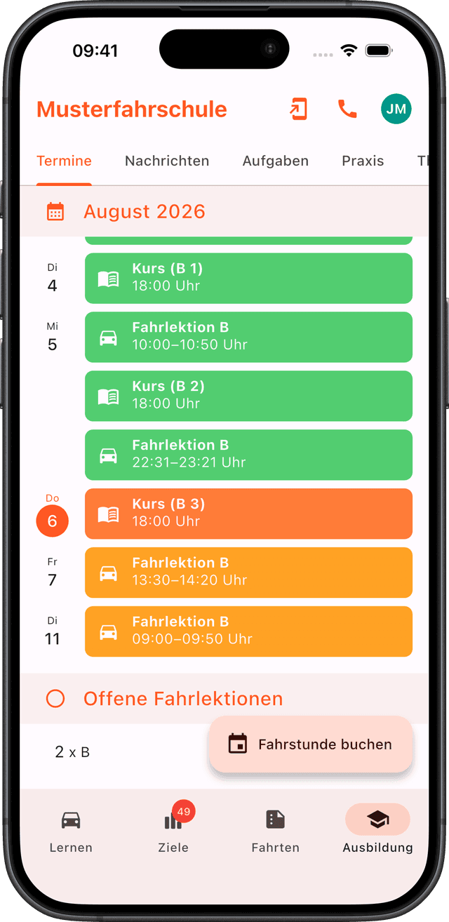 Ausbildungs-Tab in Fahro mit Terminen
